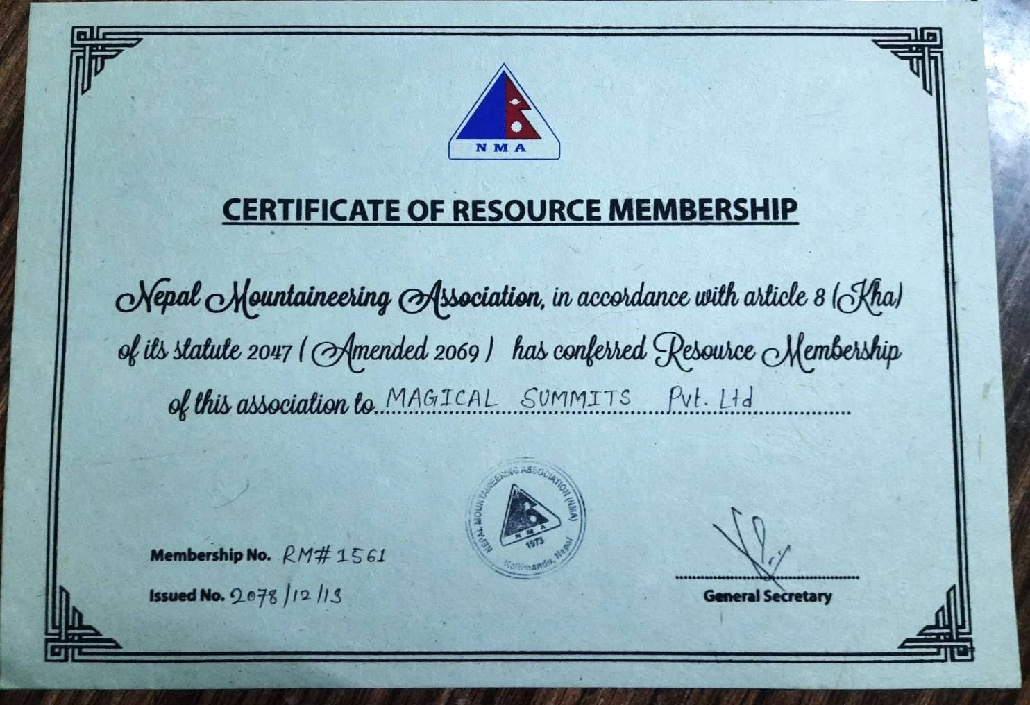 Nepal Mountaineering Association Membership Certificate
